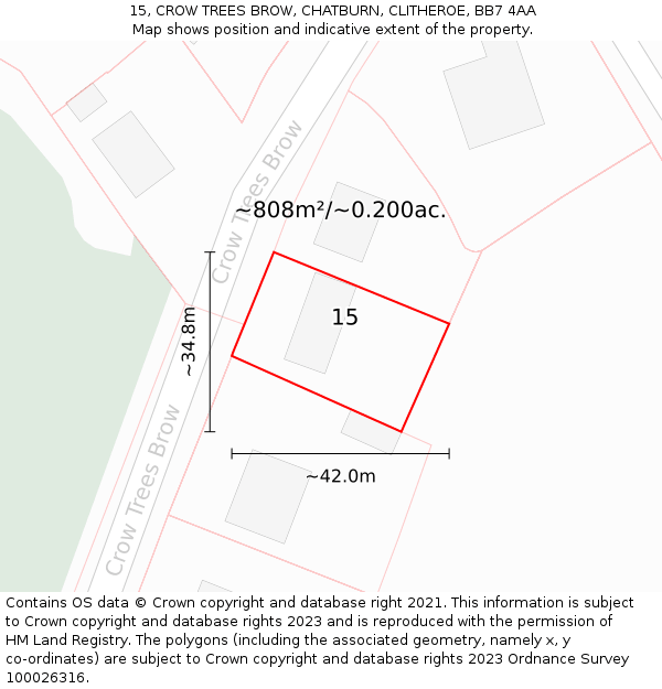 15, CROW TREES BROW, CHATBURN, CLITHEROE, BB7 4AA: Plot and title map