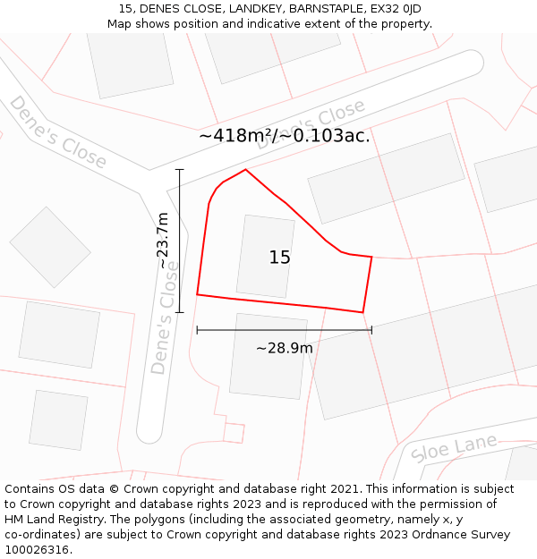 15, DENES CLOSE, LANDKEY, BARNSTAPLE, EX32 0JD: Plot and title map