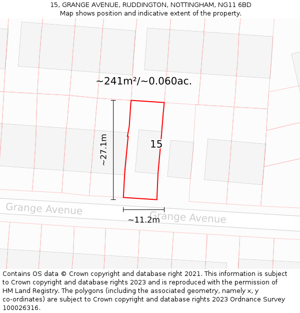 15, GRANGE AVENUE, RUDDINGTON, NOTTINGHAM, NG11 6BD: Plot and title map