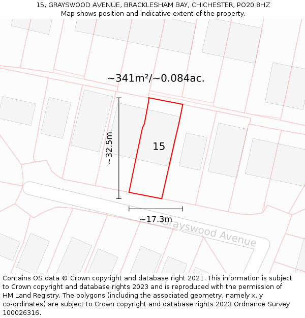 15, GRAYSWOOD AVENUE, BRACKLESHAM BAY, CHICHESTER, PO20 8HZ: Plot and title map