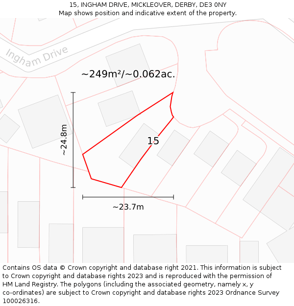 15, INGHAM DRIVE, MICKLEOVER, DERBY, DE3 0NY: Plot and title map