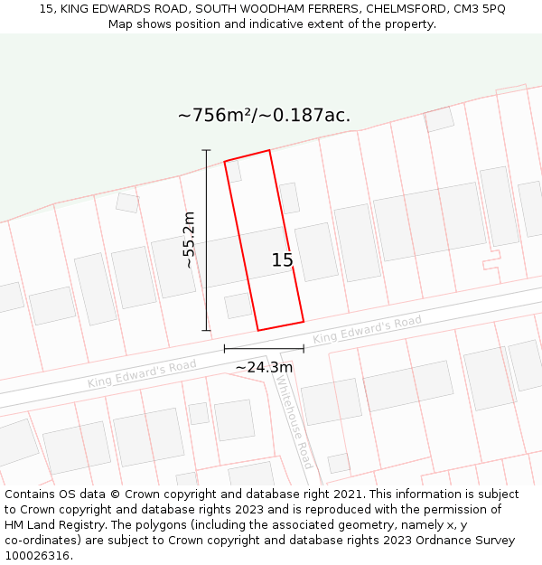 15, KING EDWARDS ROAD, SOUTH WOODHAM FERRERS, CHELMSFORD, CM3 5PQ: Plot and title map