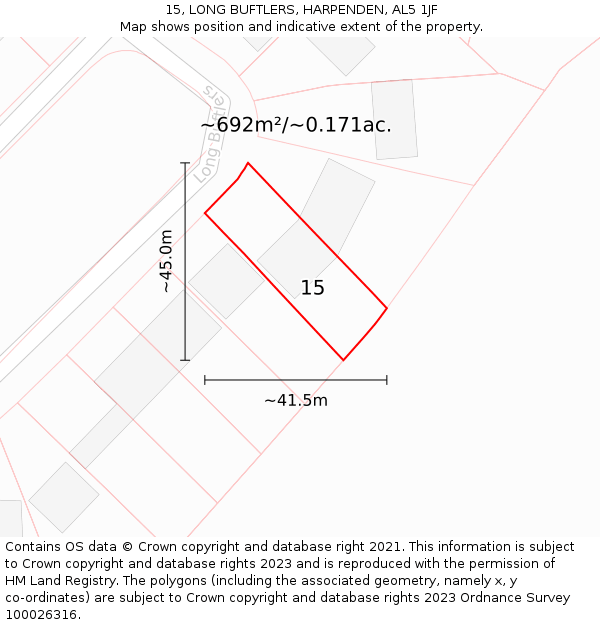 15, LONG BUFTLERS, HARPENDEN, AL5 1JF: Plot and title map