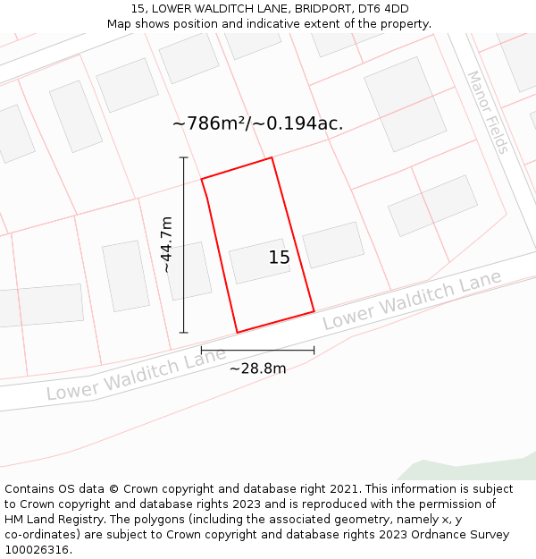 15, LOWER WALDITCH LANE, BRIDPORT, DT6 4DD: Plot and title map