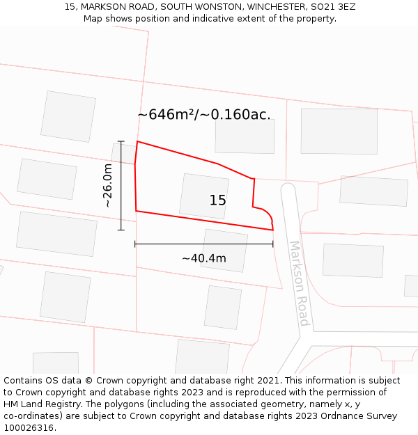 15, MARKSON ROAD, SOUTH WONSTON, WINCHESTER, SO21 3EZ: Plot and title map