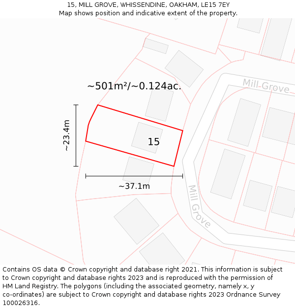 15, MILL GROVE, WHISSENDINE, OAKHAM, LE15 7EY: Plot and title map