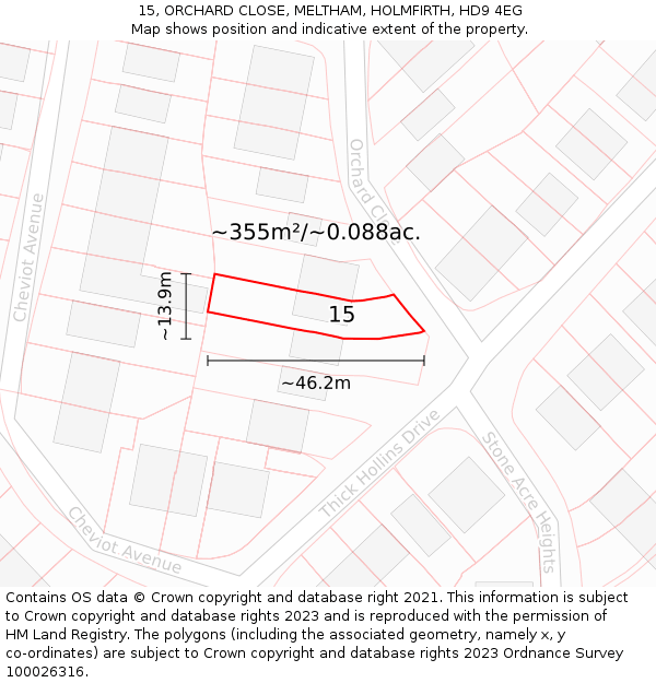 15, ORCHARD CLOSE, MELTHAM, HOLMFIRTH, HD9 4EG: Plot and title map