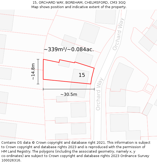 15, ORCHARD WAY, BOREHAM, CHELMSFORD, CM3 3GQ: Plot and title map