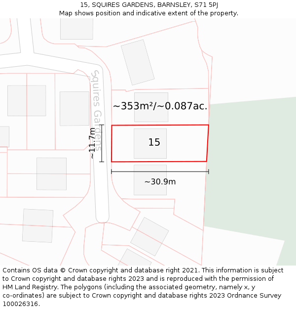 15, SQUIRES GARDENS, BARNSLEY, S71 5PJ: Plot and title map