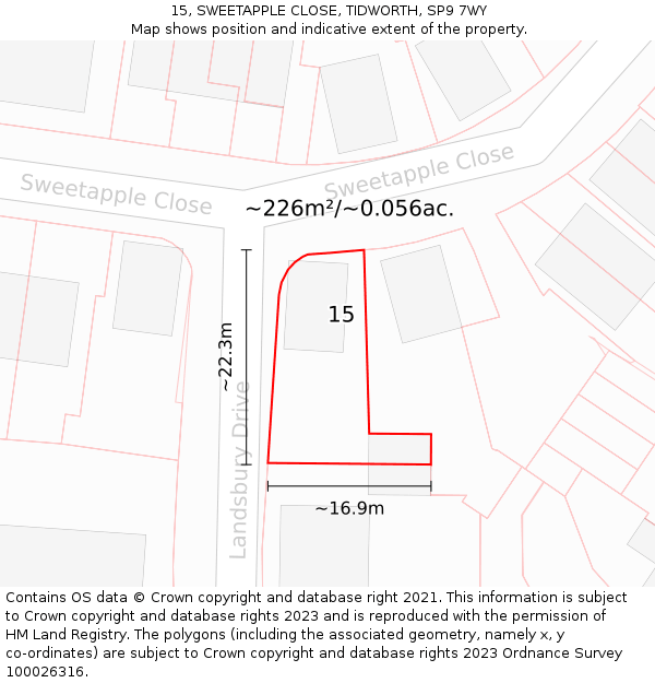 15, SWEETAPPLE CLOSE, TIDWORTH, SP9 7WY: Plot and title map