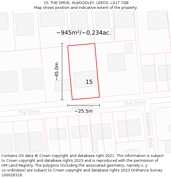 15, THE DRIVE, ALWOODLEY, LEEDS, LS17 7QB: Plot and title map