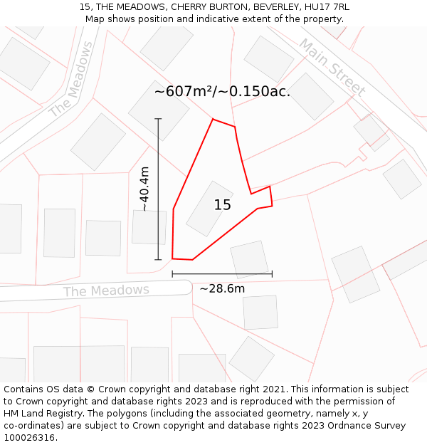 15, THE MEADOWS, CHERRY BURTON, BEVERLEY, HU17 7RL: Plot and title map