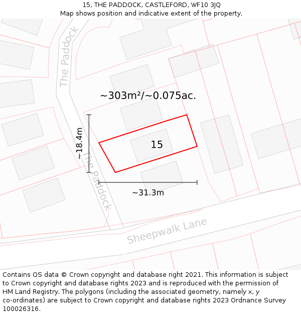 15, THE PADDOCK, CASTLEFORD, WF10 3JQ: Plot and title map