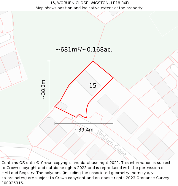 15, WOBURN CLOSE, WIGSTON, LE18 3XB: Plot and title map