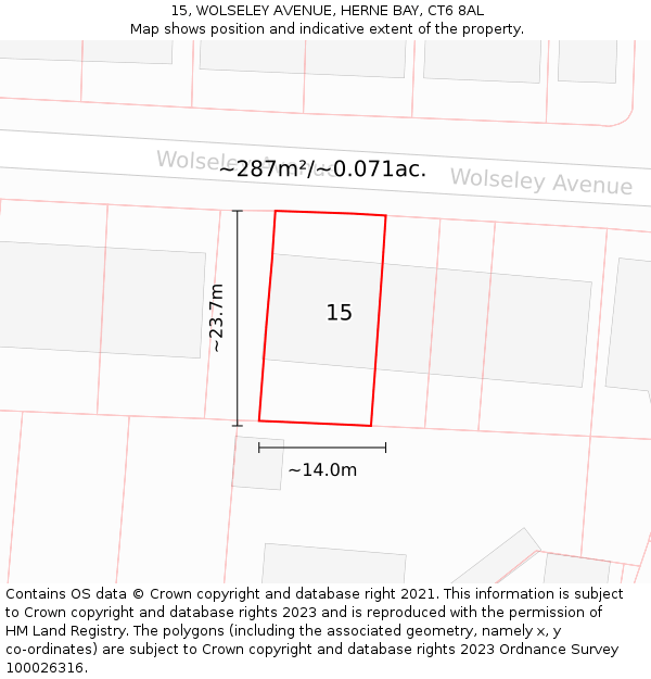 15, WOLSELEY AVENUE, HERNE BAY, CT6 8AL: Plot and title map