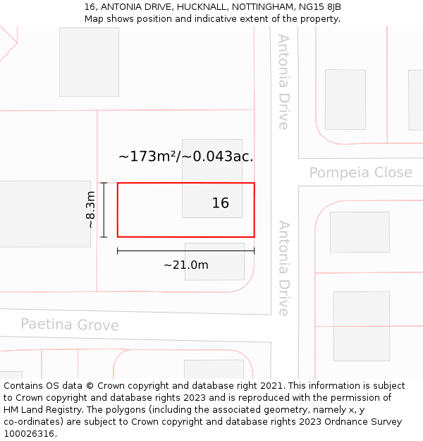 16, ANTONIA DRIVE, HUCKNALL, NOTTINGHAM, NG15 8JB: Plot and title map