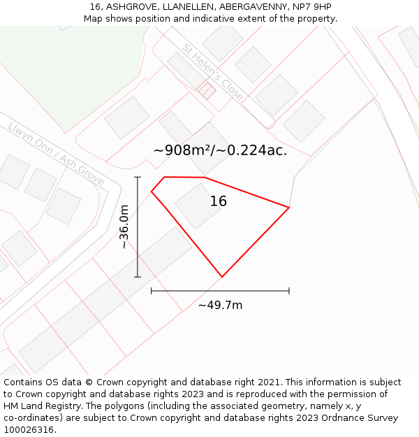 16, ASHGROVE, LLANELLEN, ABERGAVENNY, NP7 9HP: Plot and title map