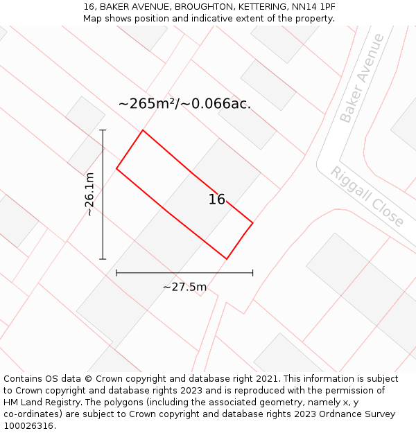 16, BAKER AVENUE, BROUGHTON, KETTERING, NN14 1PF: Plot and title map