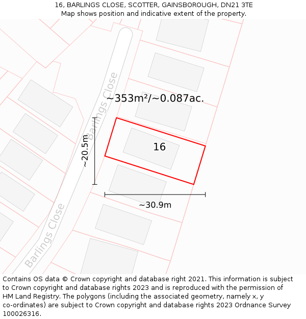 16, BARLINGS CLOSE, SCOTTER, GAINSBOROUGH, DN21 3TE: Plot and title map