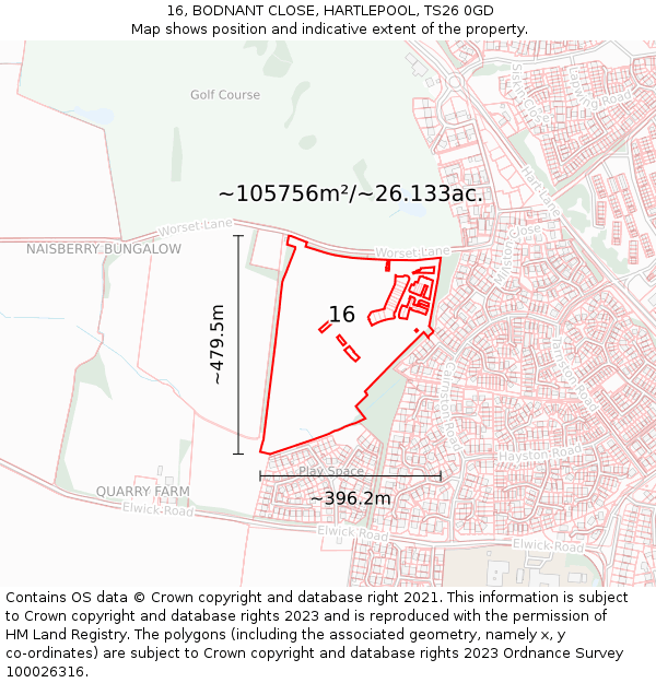 16, BODNANT CLOSE, HARTLEPOOL, TS26 0GD: Plot and title map