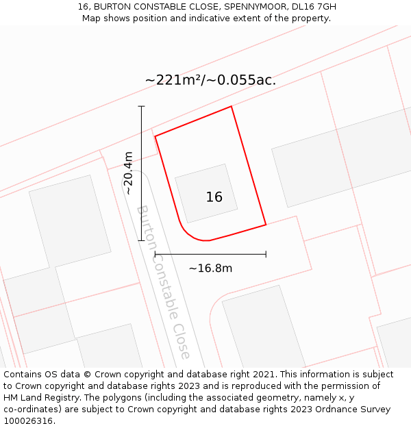 16, BURTON CONSTABLE CLOSE, SPENNYMOOR, DL16 7GH: Plot and title map