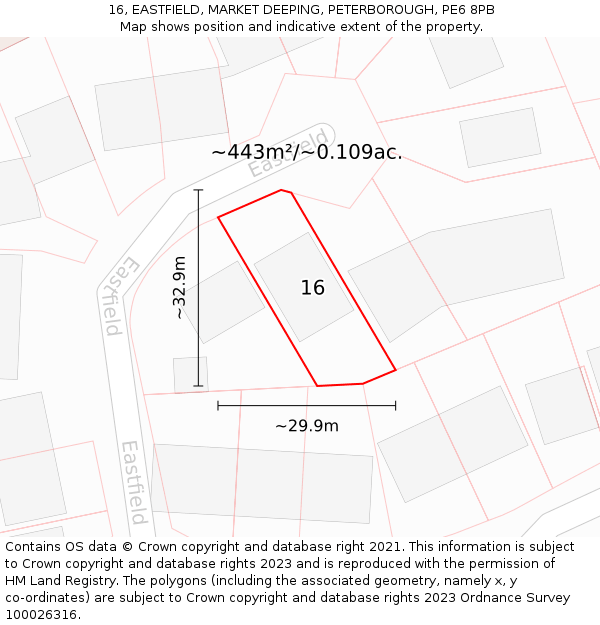 16, EASTFIELD, MARKET DEEPING, PETERBOROUGH, PE6 8PB: Plot and title map