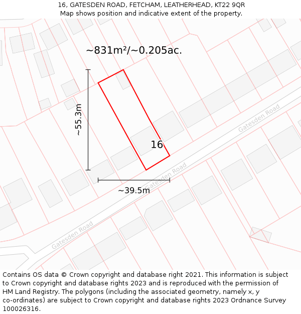 16, GATESDEN ROAD, FETCHAM, LEATHERHEAD, KT22 9QR: Plot and title map