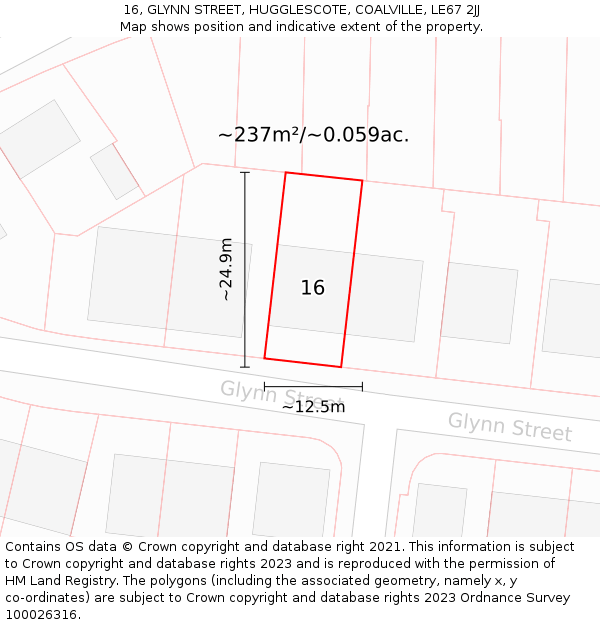 16, GLYNN STREET, HUGGLESCOTE, COALVILLE, LE67 2JJ: Plot and title map