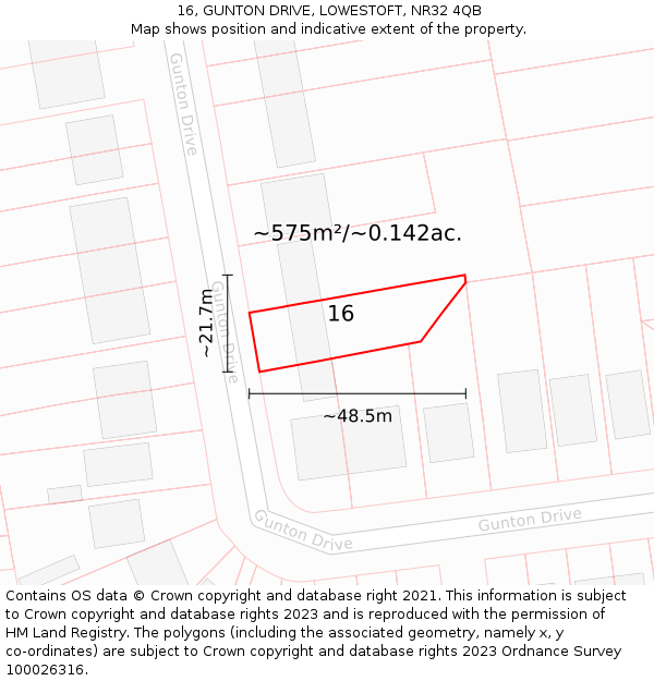 16, GUNTON DRIVE, LOWESTOFT, NR32 4QB: Plot and title map