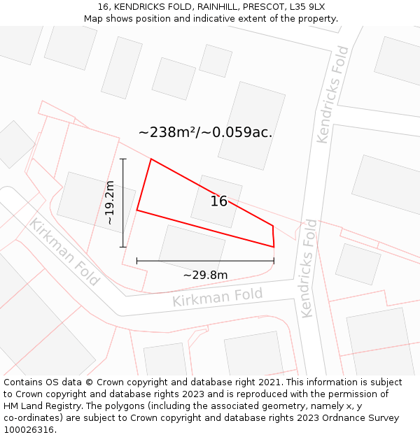 16, KENDRICKS FOLD, RAINHILL, PRESCOT, L35 9LX: Plot and title map