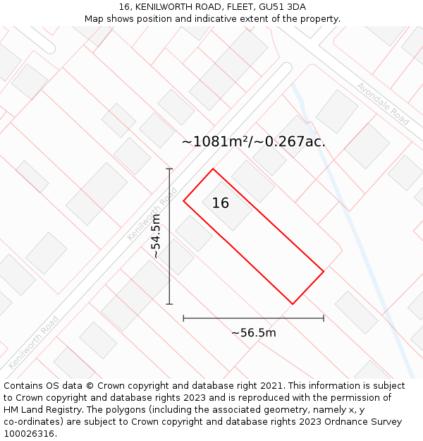 16, KENILWORTH ROAD, FLEET, GU51 3DA: Plot and title map