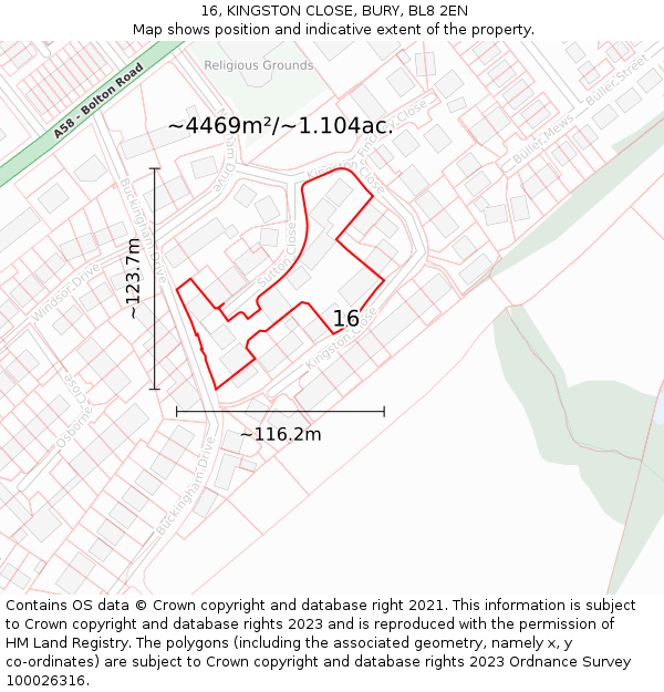 16, KINGSTON CLOSE, BURY, BL8 2EN: Plot and title map