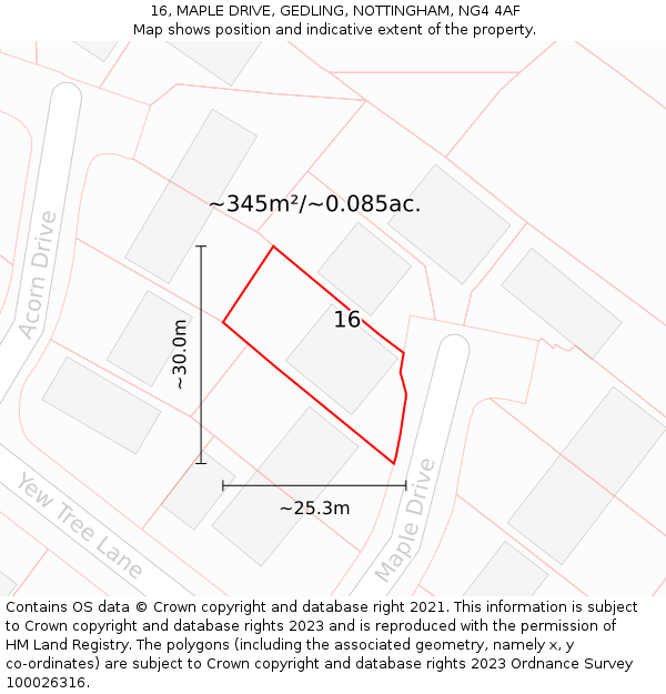 16, MAPLE DRIVE, GEDLING, NOTTINGHAM, NG4 4AF: Plot and title map