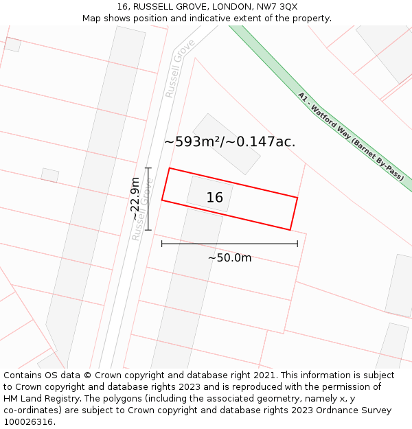 16, RUSSELL GROVE, LONDON, NW7 3QX: Plot and title map