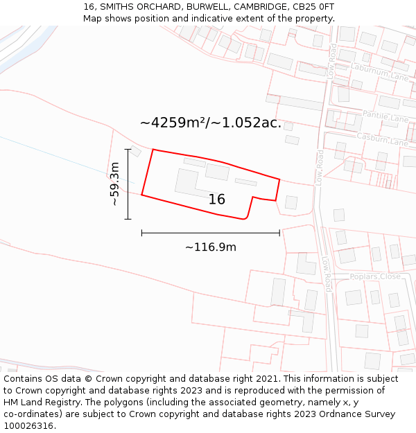 16, SMITHS ORCHARD, BURWELL, CAMBRIDGE, CB25 0FT: Plot and title map