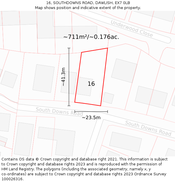 16, SOUTHDOWNS ROAD, DAWLISH, EX7 0LB: Plot and title map