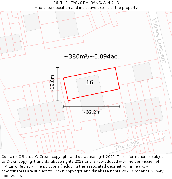 16, THE LEYS, ST ALBANS, AL4 9HD: Plot and title map