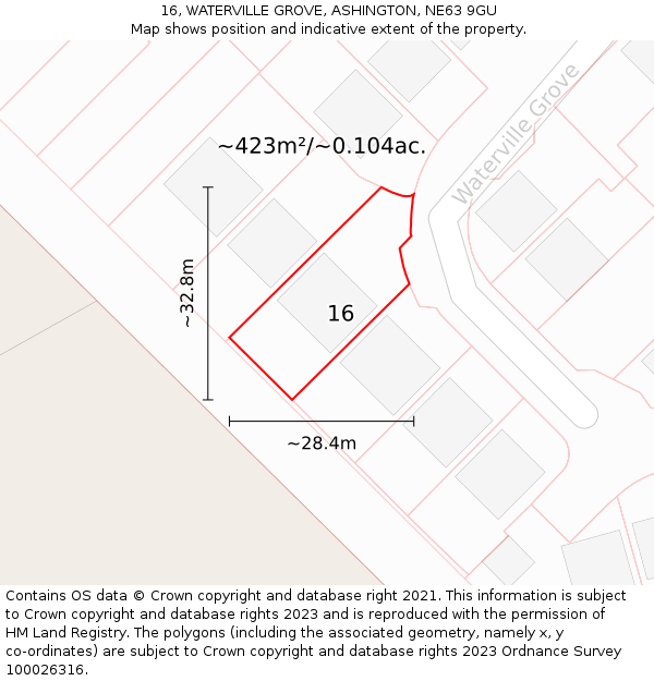 16, WATERVILLE GROVE, ASHINGTON, NE63 9GU: Plot and title map