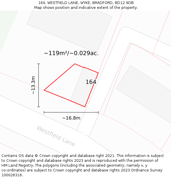 164, WESTFIELD LANE, WYKE, BRADFORD, BD12 9DB: Plot and title map