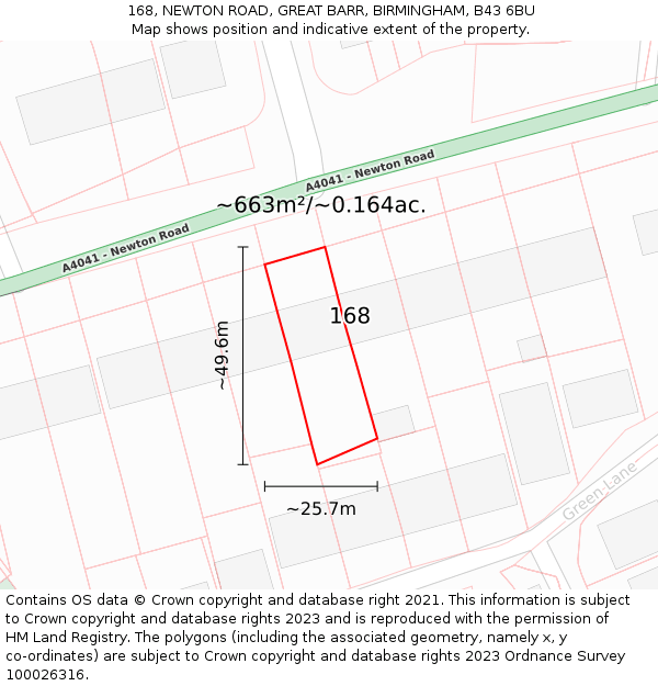 168, NEWTON ROAD, GREAT BARR, BIRMINGHAM, B43 6BU: Plot and title map