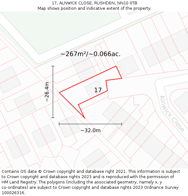 17, ALNWICK CLOSE, RUSHDEN, NN10 0TB: Plot and title map