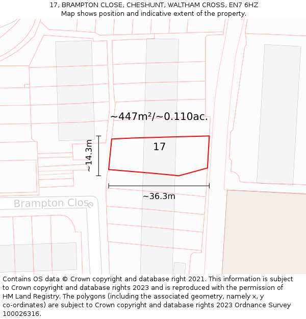 17, BRAMPTON CLOSE, CHESHUNT, WALTHAM CROSS, EN7 6HZ: Plot and title map