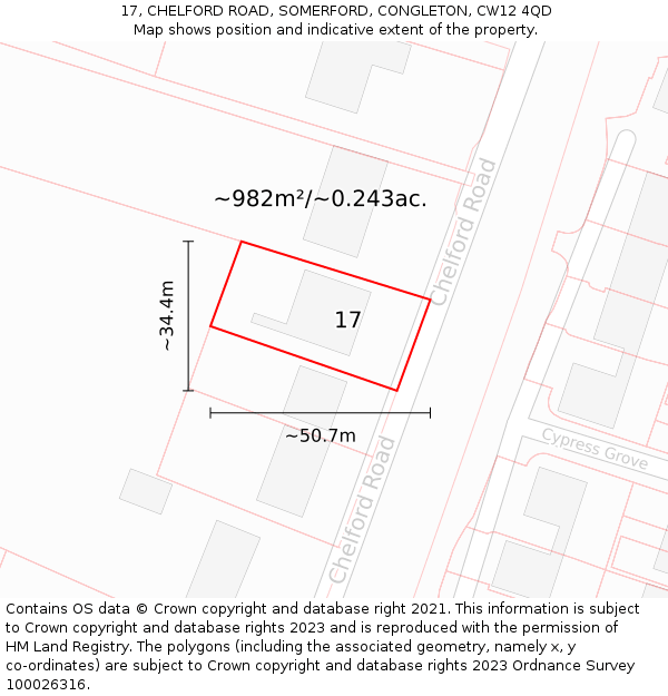 17, CHELFORD ROAD, SOMERFORD, CONGLETON, CW12 4QD: Plot and title map