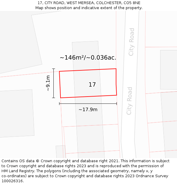 17, CITY ROAD, WEST MERSEA, COLCHESTER, CO5 8NE: Plot and title map