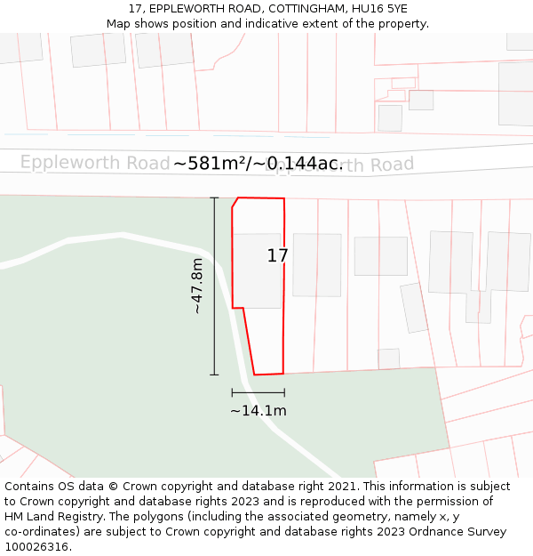 17, EPPLEWORTH ROAD, COTTINGHAM, HU16 5YE: Plot and title map