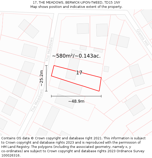 17, THE MEADOWS, BERWICK-UPON-TWEED, TD15 1NY: Plot and title map