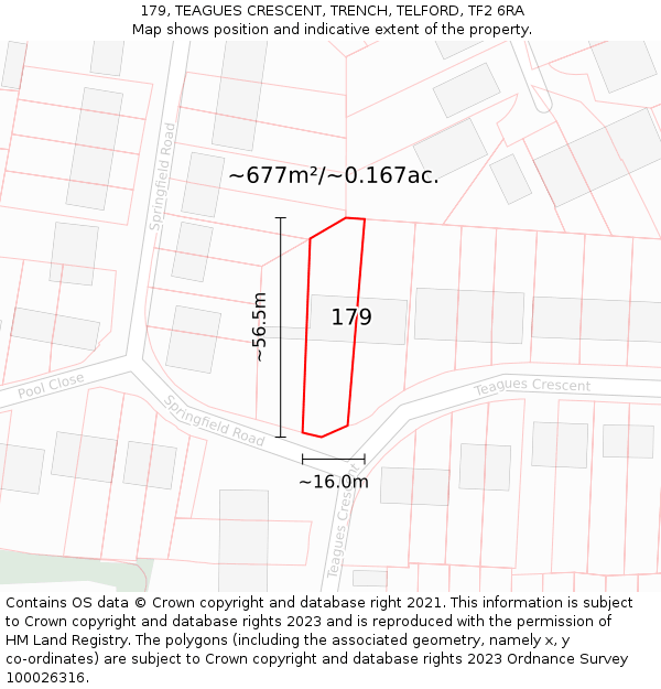 179, TEAGUES CRESCENT, TRENCH, TELFORD, TF2 6RA: Plot and title map