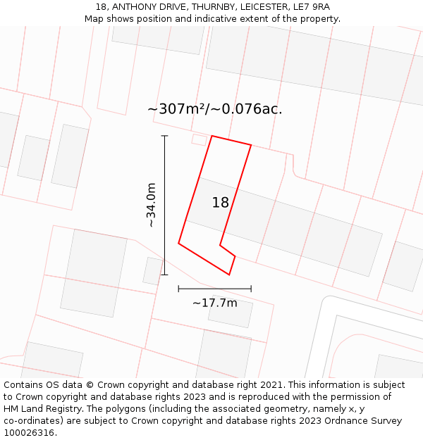 18, ANTHONY DRIVE, THURNBY, LEICESTER, LE7 9RA: Plot and title map