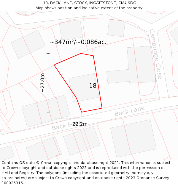 18, BACK LANE, STOCK, INGATESTONE, CM4 9DG: Plot and title map