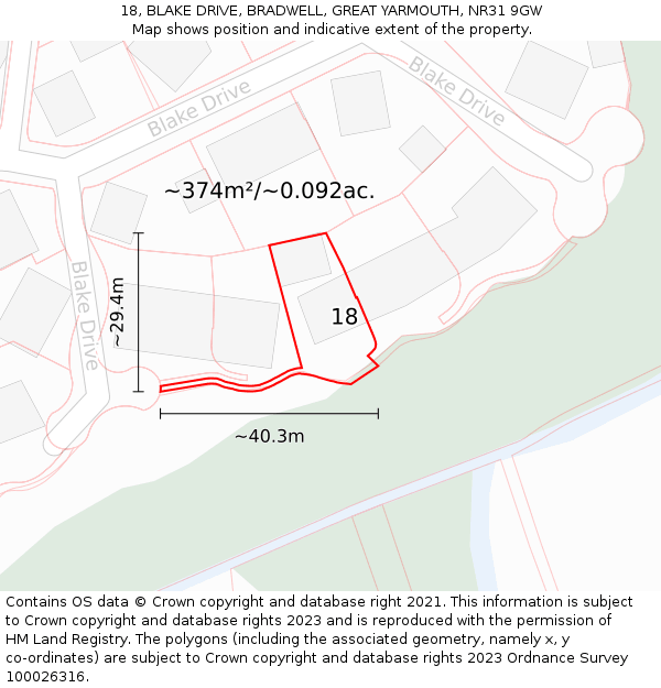 18, BLAKE DRIVE, BRADWELL, GREAT YARMOUTH, NR31 9GW: Plot and title map